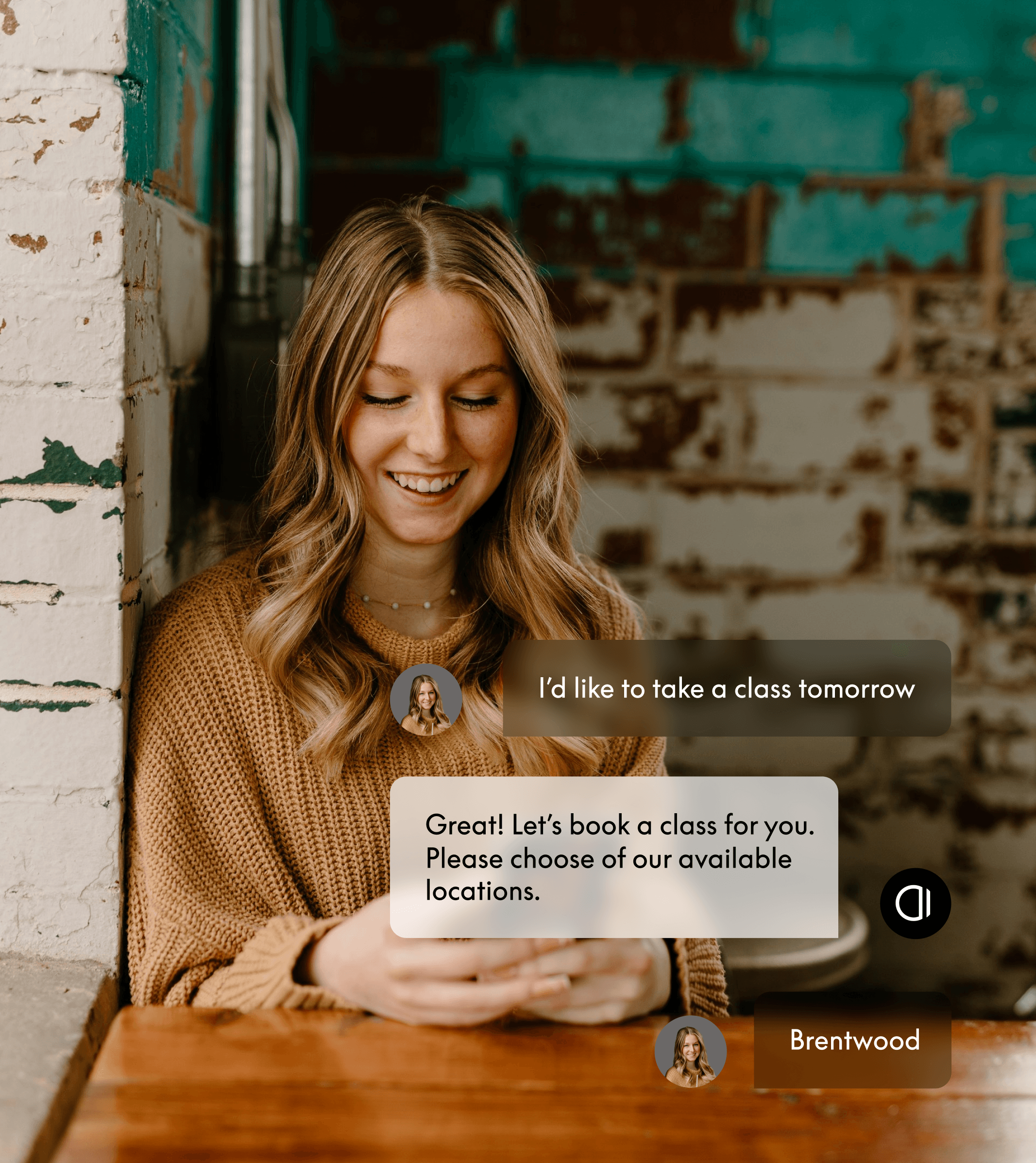 Woman booking a class in a cafe using Arketa AI