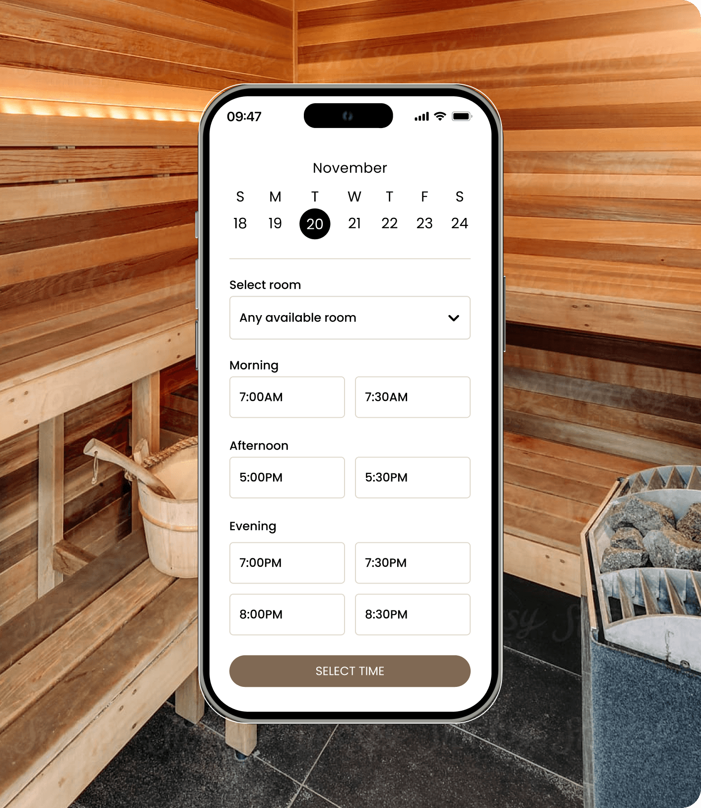 iPhone mockup showing time + room services feature